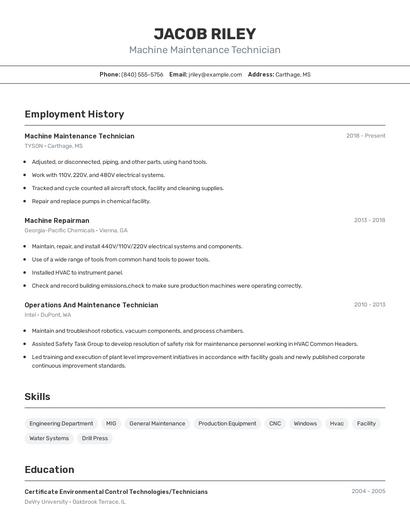 Machine Maintenance Technician Resume