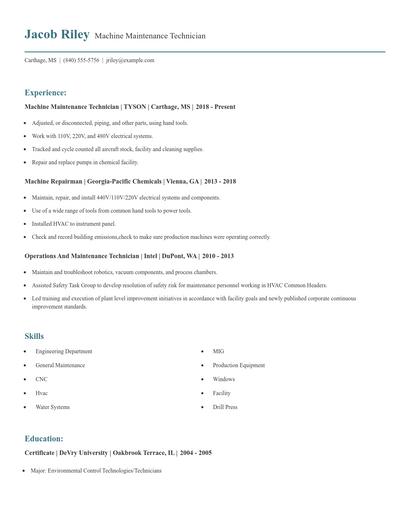 Machine Maintenance Technician Resume