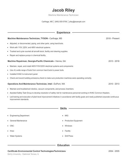 Machine Maintenance Technician Resume