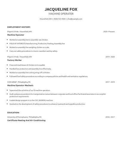 Machine Operater Resume