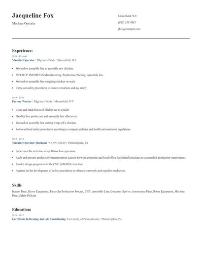Machine Operater Resume