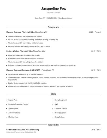 Machine Operater Resume
