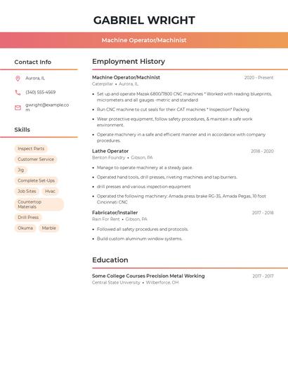 Machine Operator/Machinist Resume