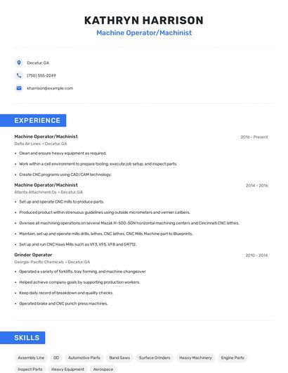 Machine Operator/Machinist Resume