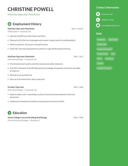 Machine Operator/Machinist Resume