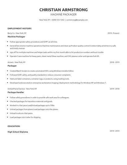 Machine Packager Resume