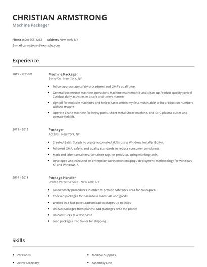 Machine Packager Resume