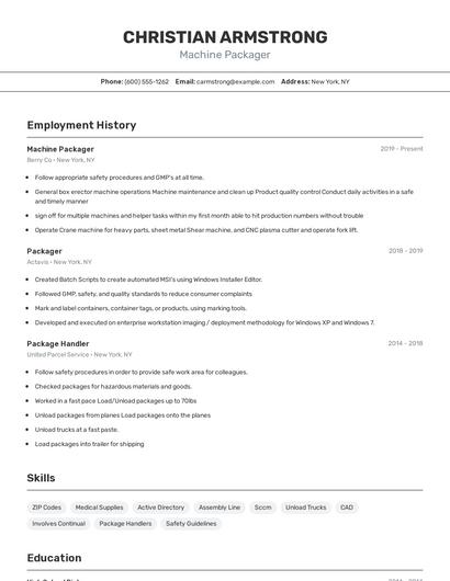 Machine Packager Resume