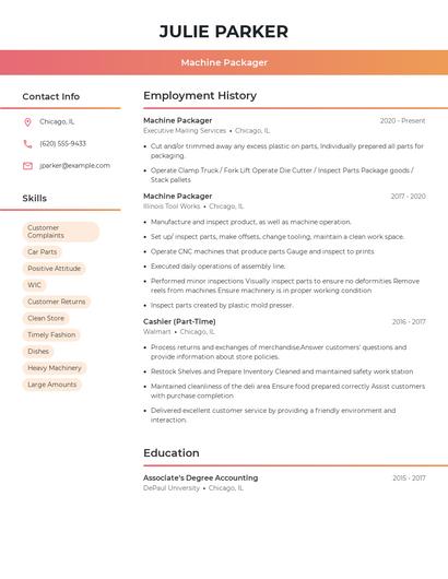 Machine Packager Resume