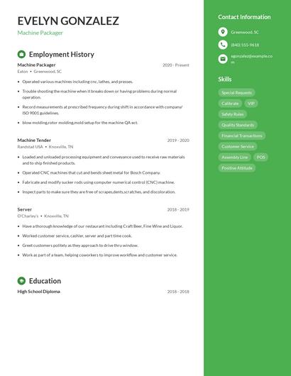 Machine Packager Resume