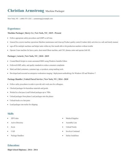 Machine Packager Resume