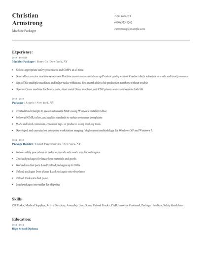 Machine Packager Resume