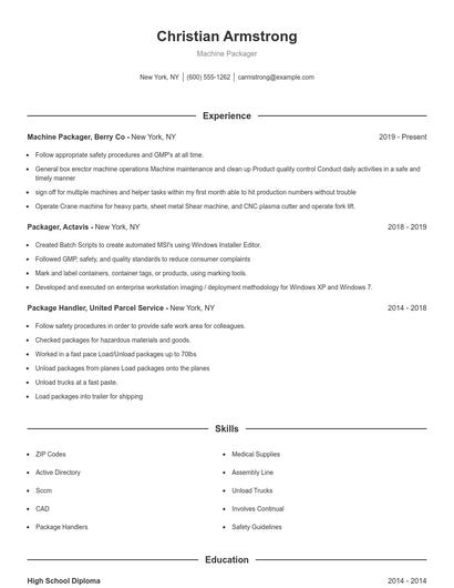 Machine Packager Resume
