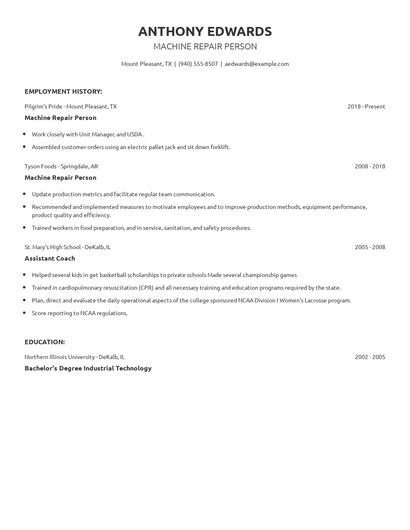 Machine Repair Person Resume