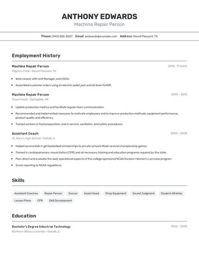 Machine Repair Person Resume