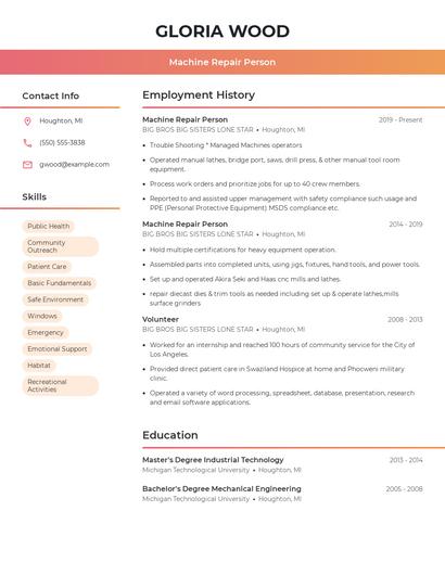 Machine Repair Person Resume
