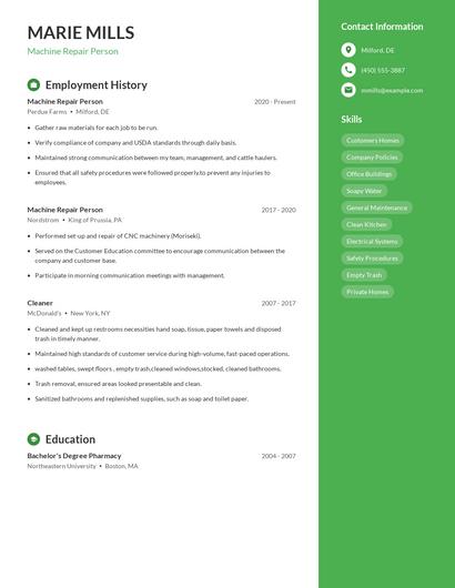 Machine Repair Person Resume