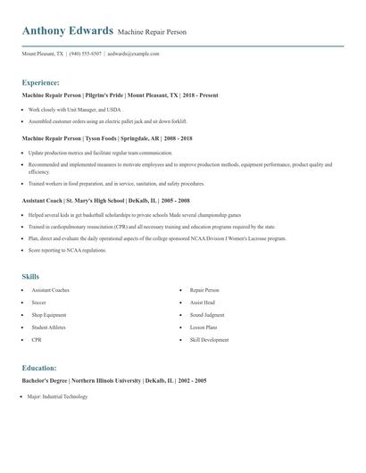 Machine Repair Person Resume