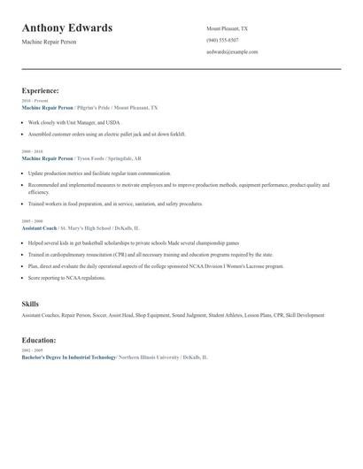 Machine Repair Person Resume