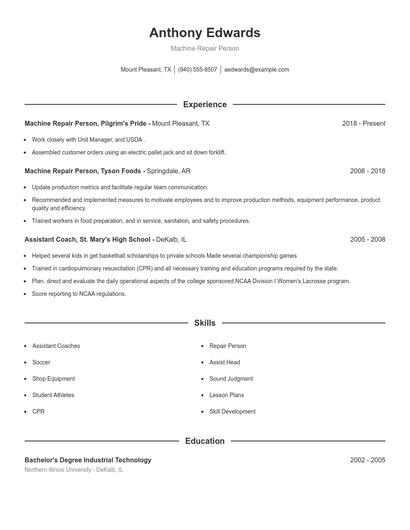 Machine Repair Person Resume