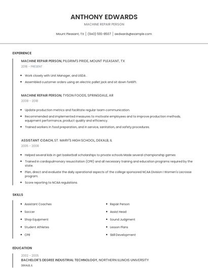 Machine Repair Person Resume