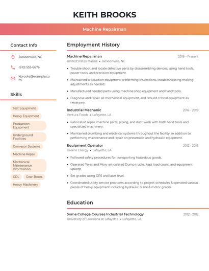 Machine Repairman Resume