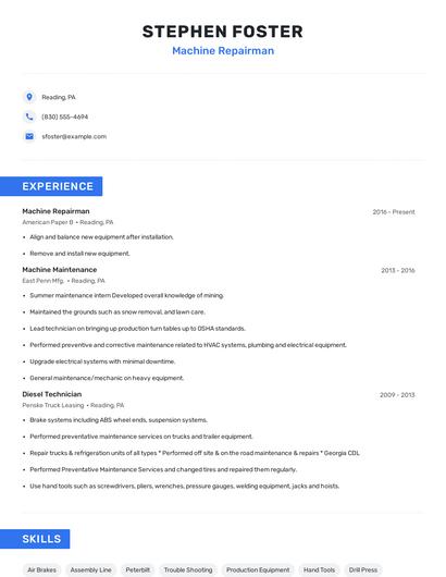 Machine Repairman Resume