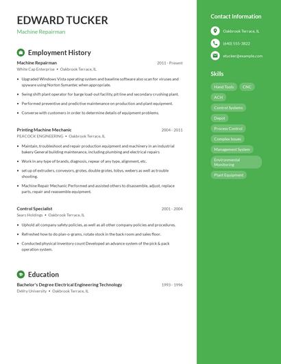 Machine Repairman Resume