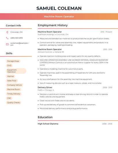 Machine Room Operator Resume