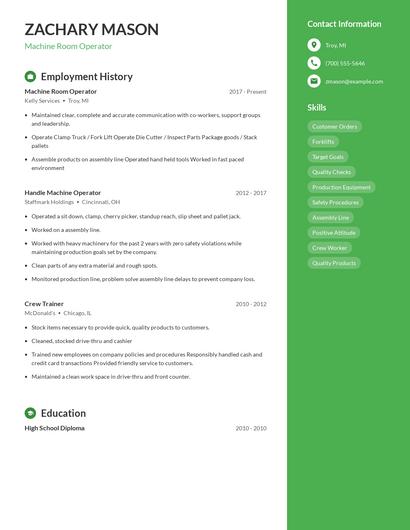 Machine Room Operator Resume