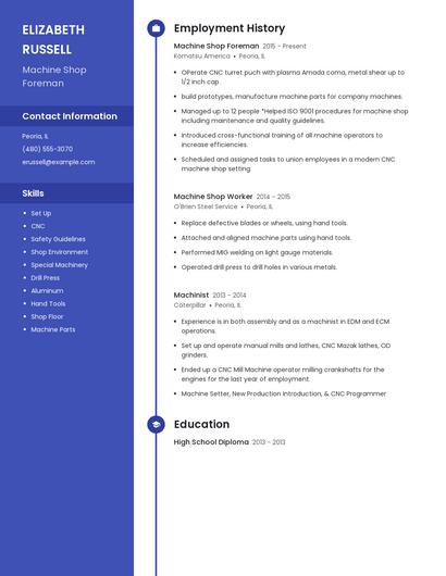 Machine Shop Foreman Resume