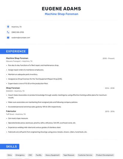 Machine Shop Foreman Resume
