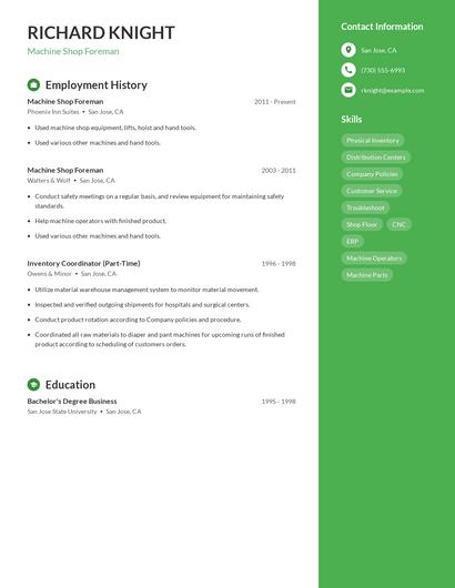 Machine Shop Foreman Resume