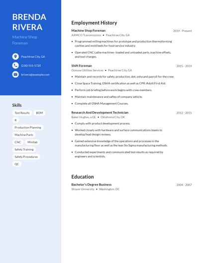 Machine Shop Foreman Resume
