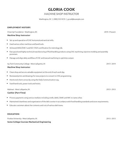 Machine Shop Instructor Resume
