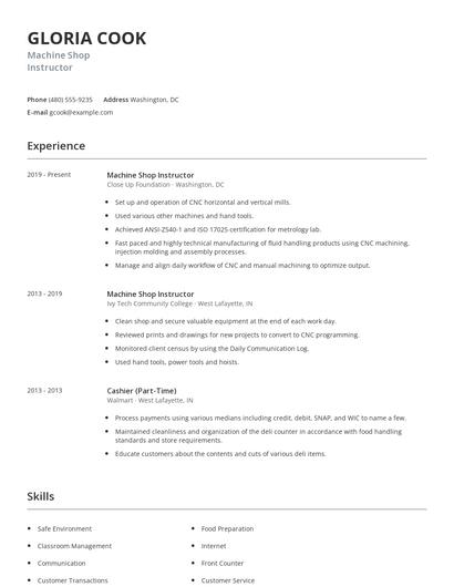 Machine Shop Instructor Resume