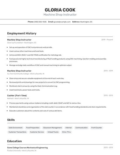 Machine Shop Instructor Resume