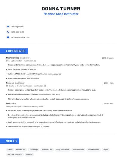 Machine Shop Instructor Resume