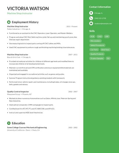 Machine Shop Instructor Resume