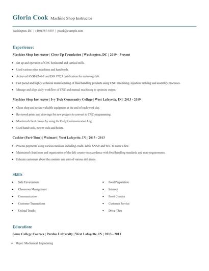 Machine Shop Instructor Resume