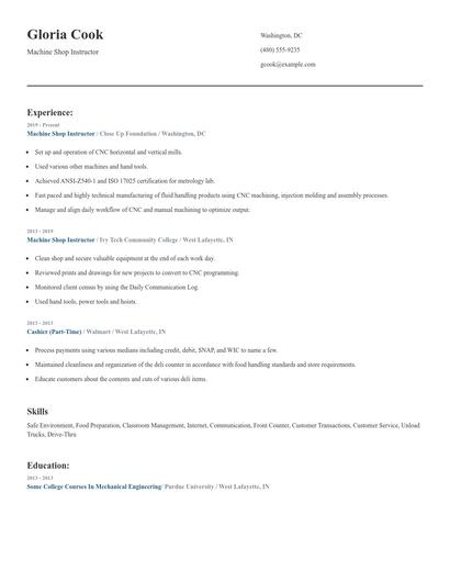 Machine Shop Instructor Resume