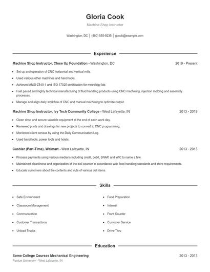 Machine Shop Instructor Resume