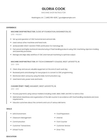 Machine Shop Instructor Resume