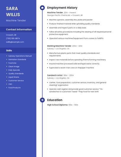 Machine Tender Resume