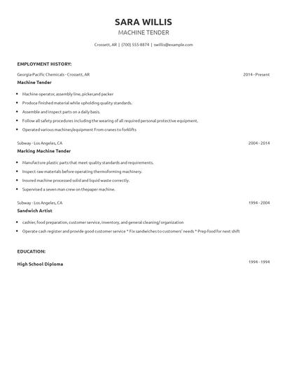 Machine Tender Resume