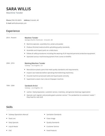 Machine Tender Resume
