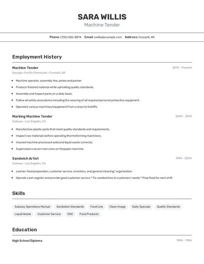 Machine Tender Resume
