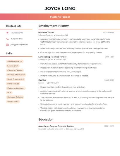 Machine Tender Resume