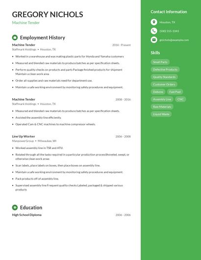 Machine Tender Resume
