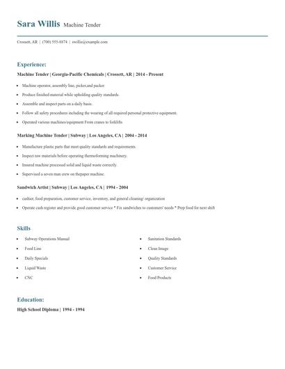 Machine Tender Resume